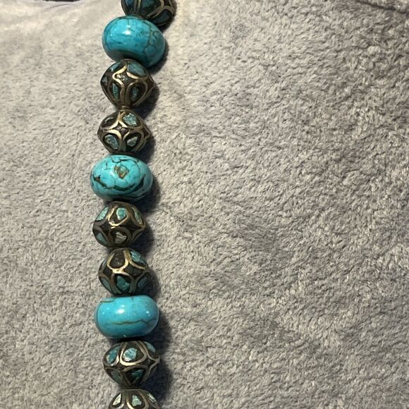 Real Turquoise Inlay & Silver Beaded Necklace W/ Dichroic Art Glass Pendant - Picture 3 of 7